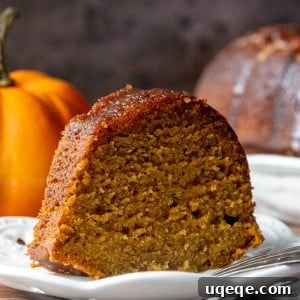 Slice of pumpkin rum bundt cake with mini pumpkin garnish.