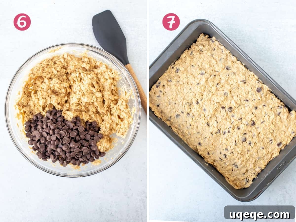 Chewy Oatmeal Chocolate Chip Bars 5 Bowl of oatmeal cookie dough with chocolate chips, and a pan of unbaked oatmeal chocolate chip cookie bars ready for the oven