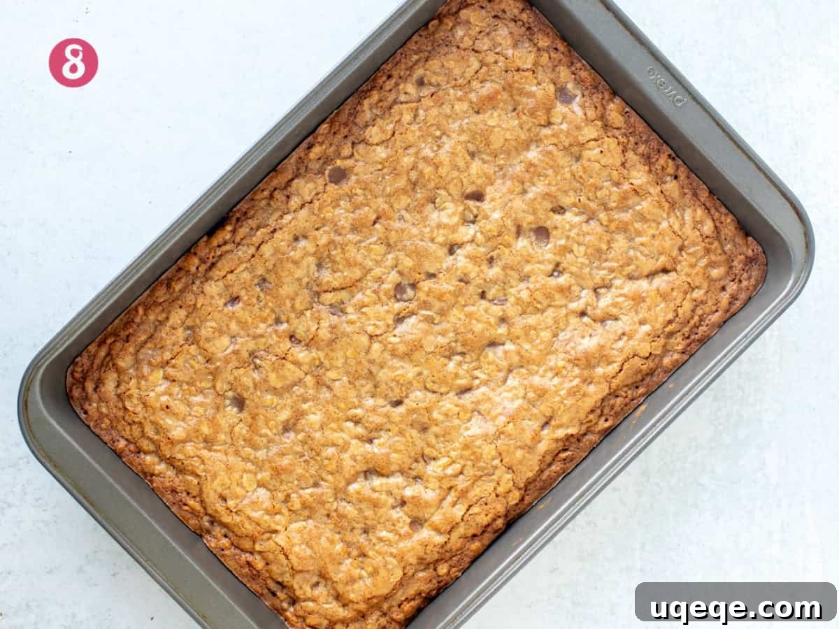 Pan of freshly baked oatmeal chocolate chip cookie bars with golden top