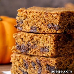 Stack of three pumpkin chocolate chip bars