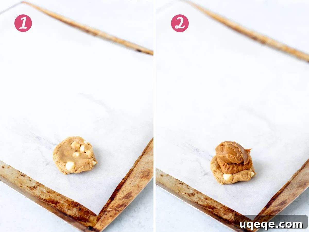 Biscoff Cookies Bursting with Cookie Butter 5 Two steps of assembling Biscoff cookie butter stuffed cookies: flattening dough, then adding Lotus cookie and frozen cookie butter.