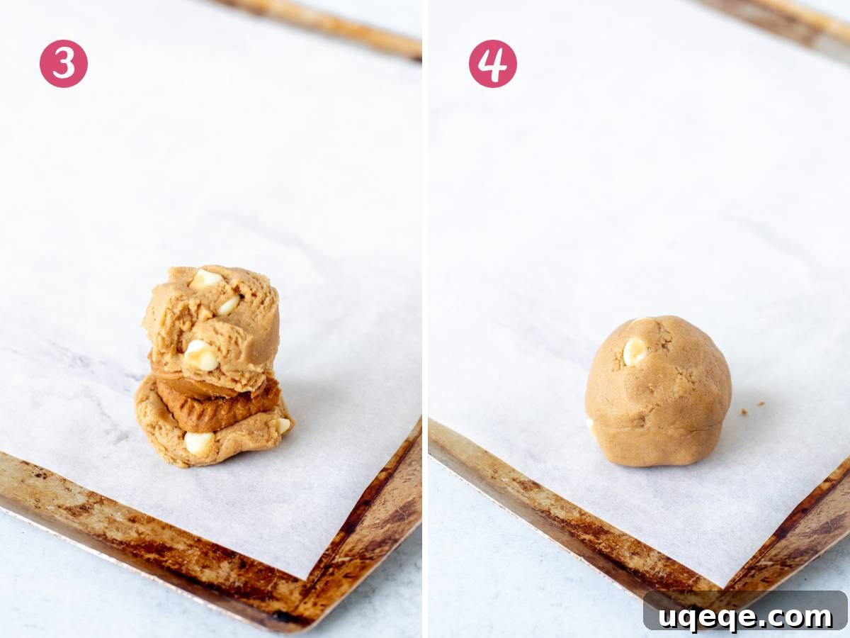 Two steps showing how to form Biscoff stuffed cookies into a ball, ensuring the filling is enclosed.