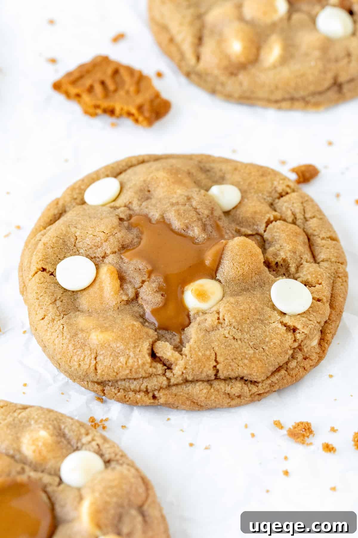 Biscoff Cookies Bursting with Cookie Butter 7 Biscoff stuffed cookie oozing with white chocolate chips and cookie butter in the middle, served warm.
