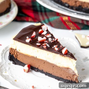 Slice of peppermint bark cheesecake on a white plate.