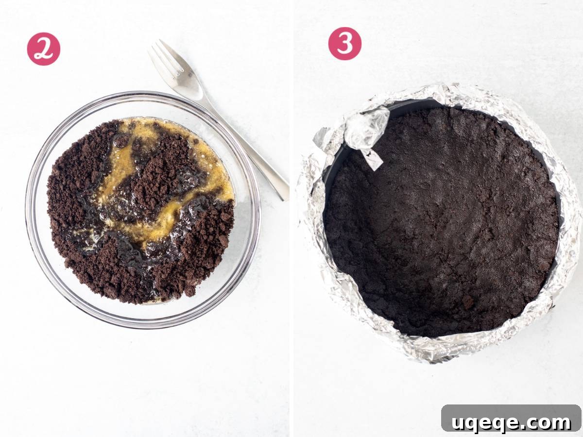 Candy Cane Crunch Cheesecake 4 A two-part image showing a bowl of finely crushed Oreo crumbs mixed with melted butter, next to a prepared springform pan tightly wrapped in foil, with the pressed Oreo crust already in place.
