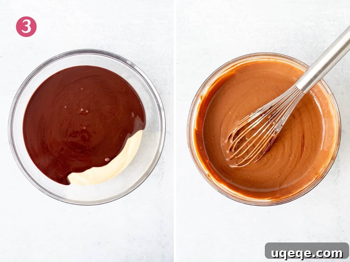 Candy Cane Crunch Cheesecake 7 A visual guide showing chocolate ganache being poured over cheesecake batter, followed by the perfectly smooth and rich chocolate cheesecake batter after hand whisking.