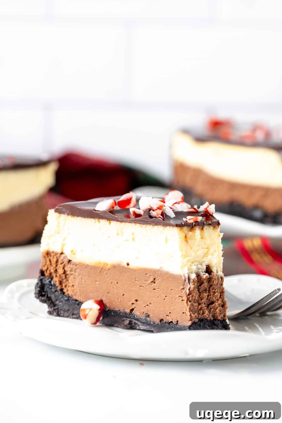 Candy Cane Crunch Cheesecake 10 A close-up shot of a slice of peppermint bark cheesecake with a single bite taken out, showing its rich texture and layers, topped with chocolate ganache and crushed candy canes.