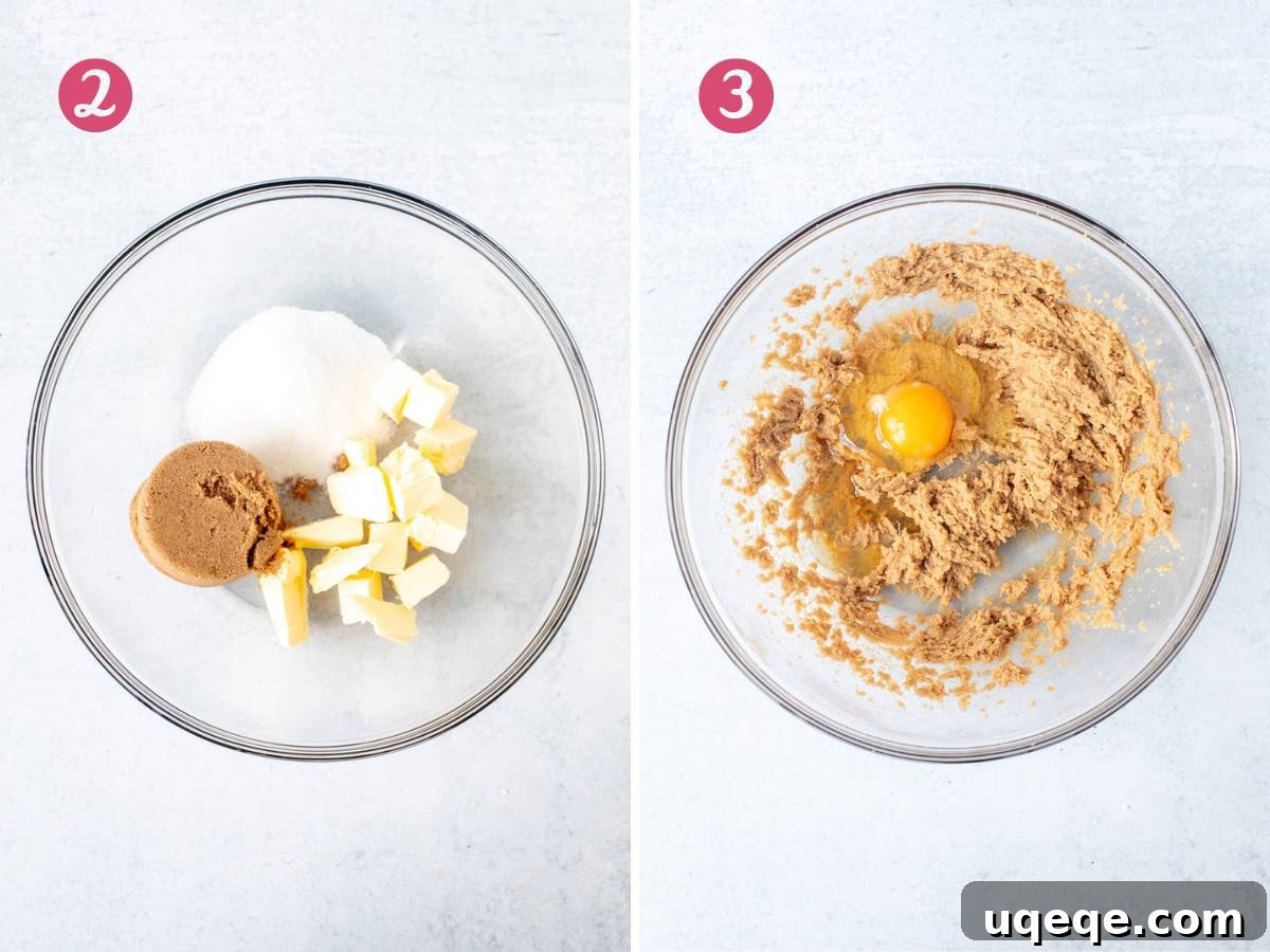 Two bowls side-by-side: one showing softened butter and sugars before mixing, and the other showing the same ingredients beautifully creamed together with egg and vanilla extract incorporated.
