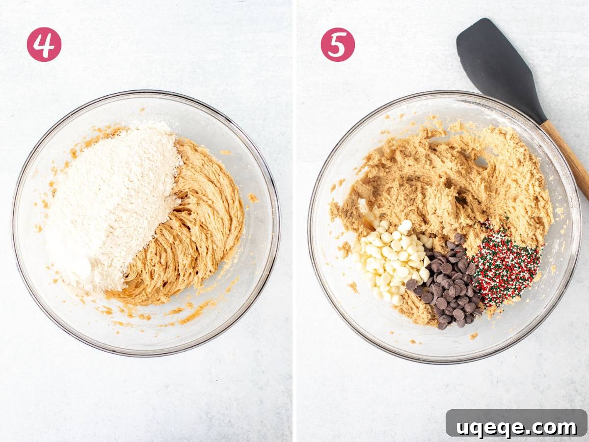 Two bowls side-by-side: one showing the cookie dough after dry ingredients have been added, and the other showcasing the finished dough with an abundance of white chocolate chips, chocolate chips, and colorful red and green sprinkles folded in.