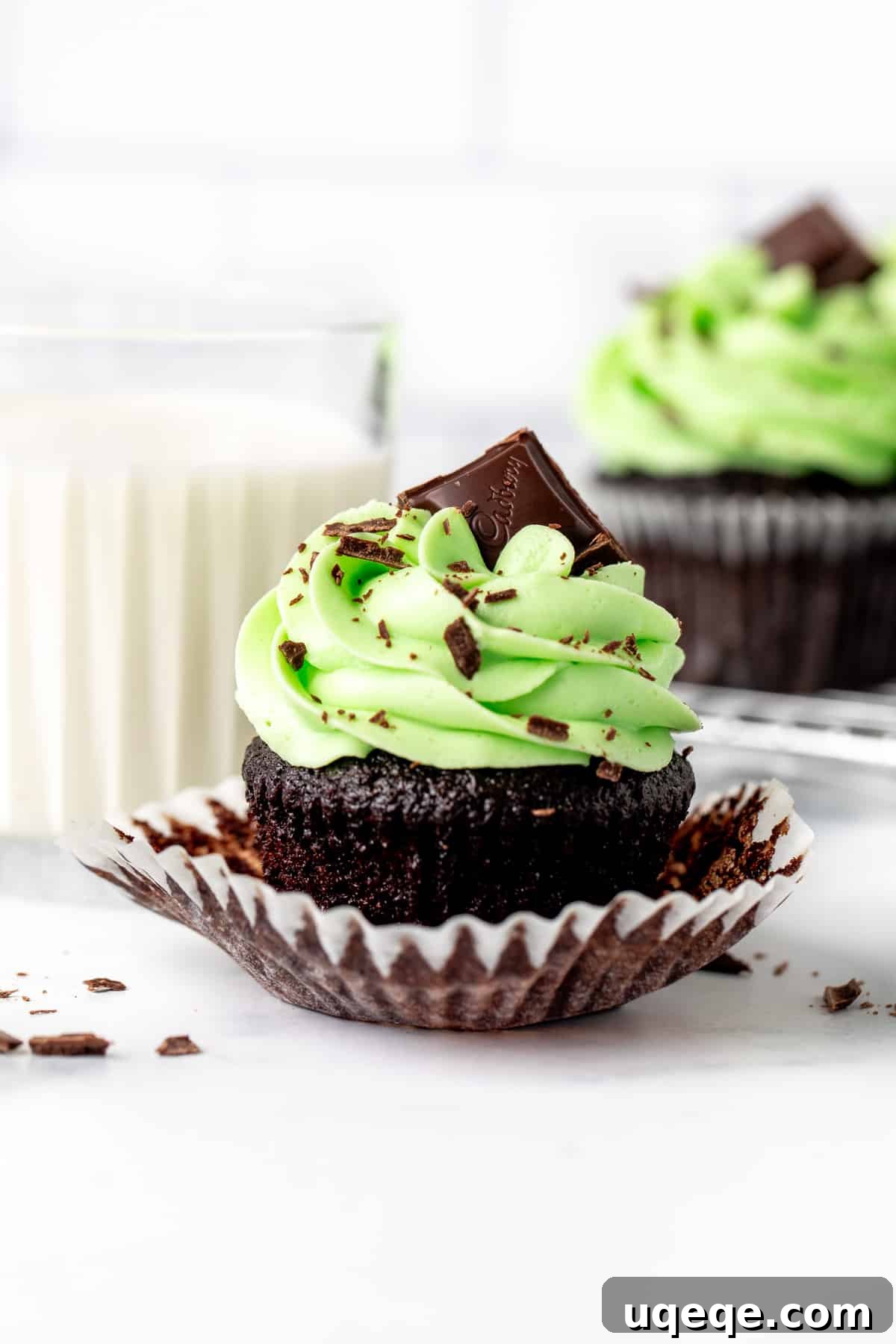 Velvet Mint Chocolate Dream Cupcakes 2 Chocolate cupcake with mint frosting and a square of chocolate on top