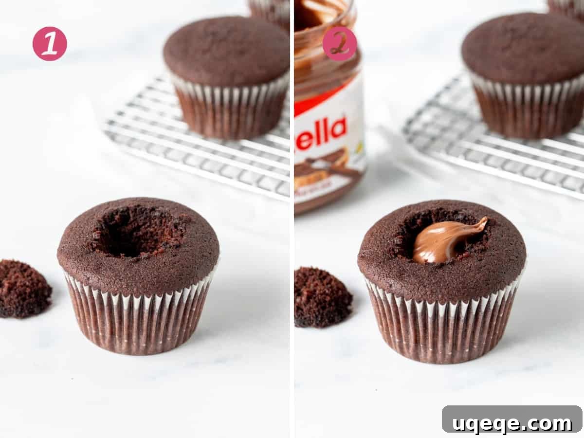 Chocolate cupcake with hole cut out, and cupcake with hole filled with Nutella