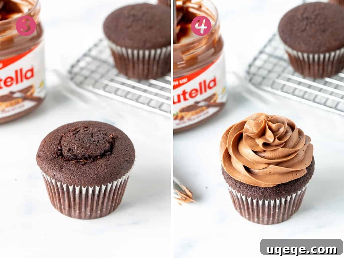 Stuffed Nutella cupcake without frosting, and stuffed Nutella cupcake with Nutella frosting