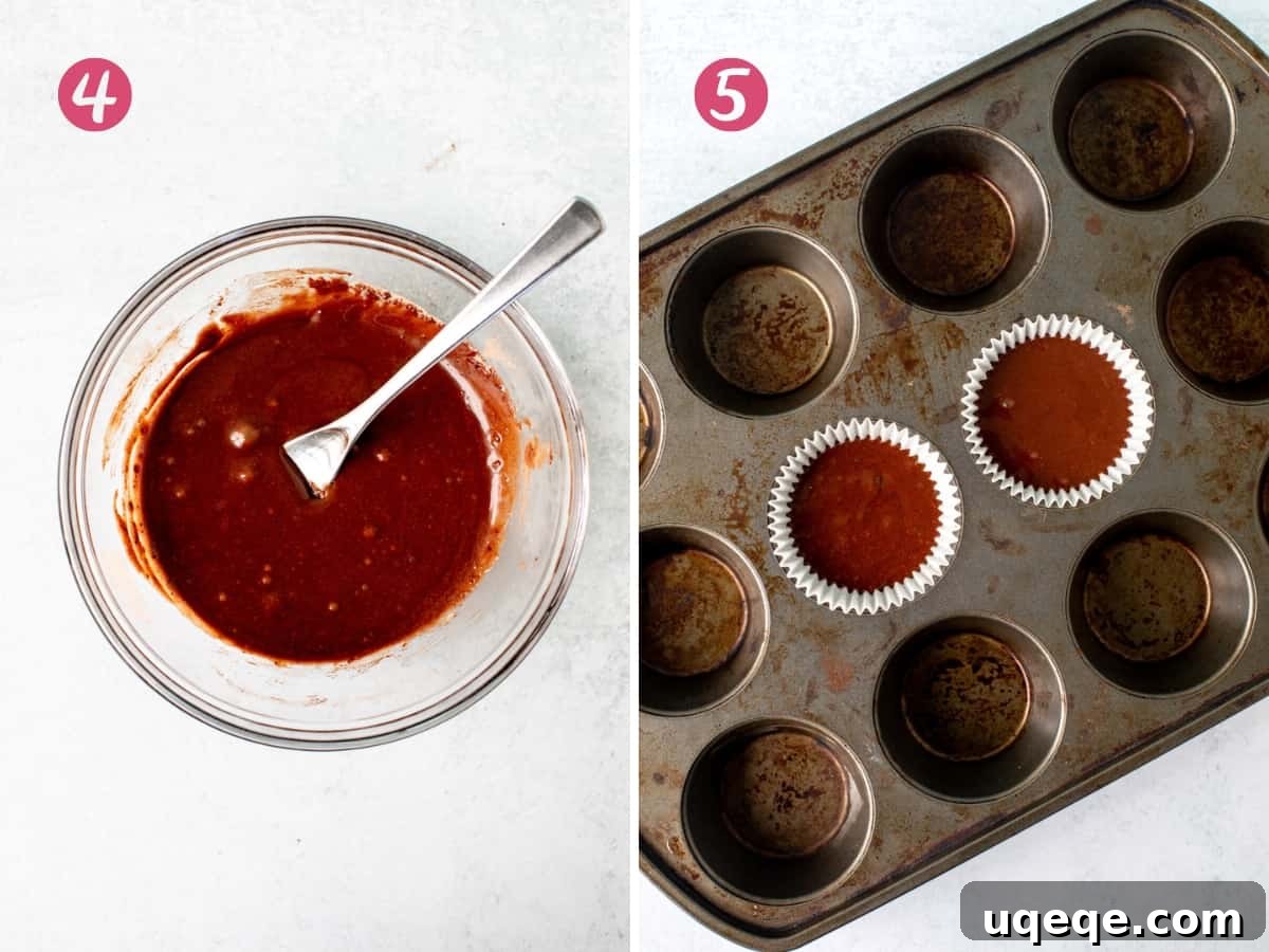 Perfect Pair Chocolate Cupcakes 5 A small bowl containing chocolate cupcake batter, ready to be poured, next to two unbaked chocolate cupcakes perfectly nestled in muffin pan liners.
