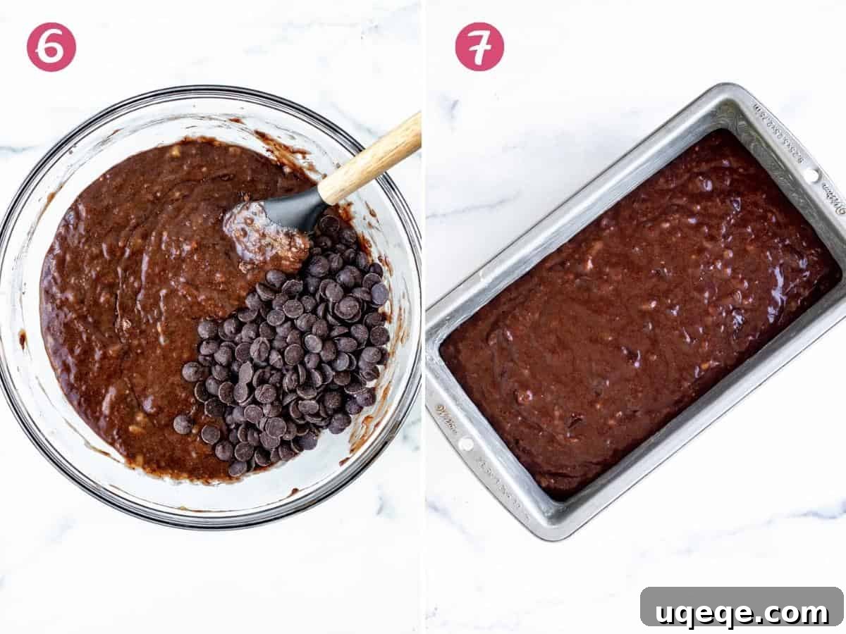 Decadent Double Chocolate Banana Bread 4 A large bowl filled with rich, dark chocolate banana bread batter, ready to be poured into a prepared loaf pan, illustrating the perfect consistency for baking.