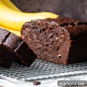 A perfectly golden-brown loaf of double chocolate banana bread, baked to perfection with visible chocolate chips on top.