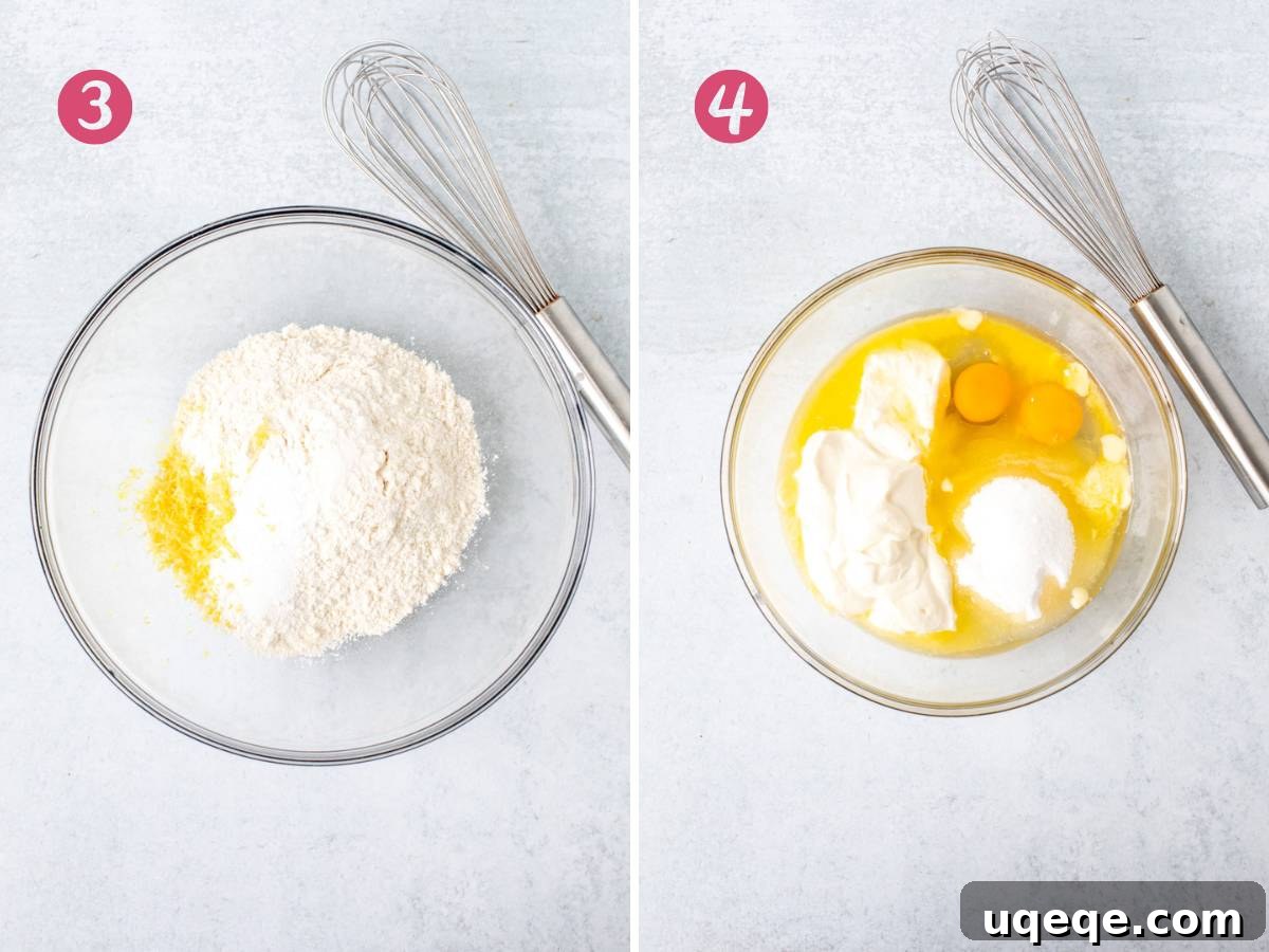 Separate bowls displaying dry ingredients with lemon zest and wet ingredients for lemon raspberry bread batter.