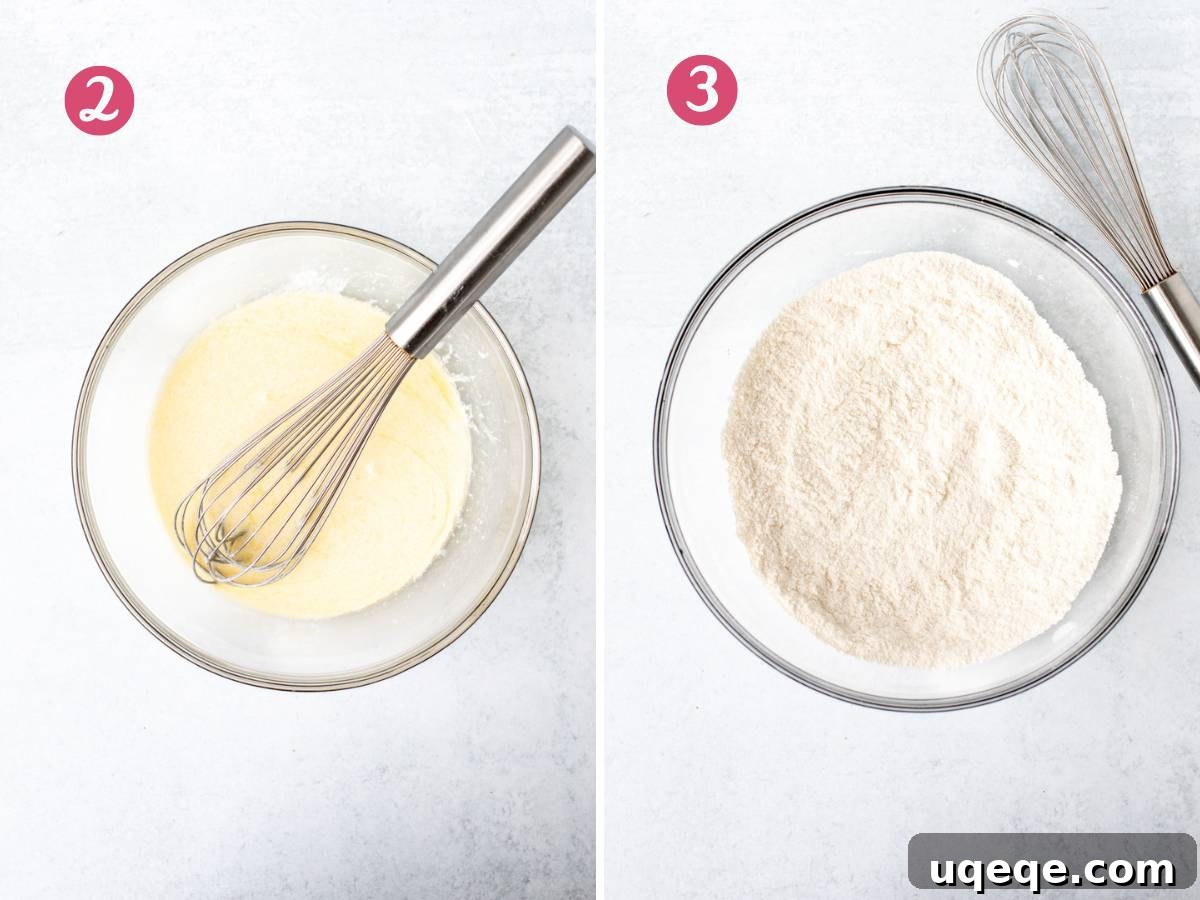 Bowl of wet ingredients whisked together and bowl of dry ingredients whisked together