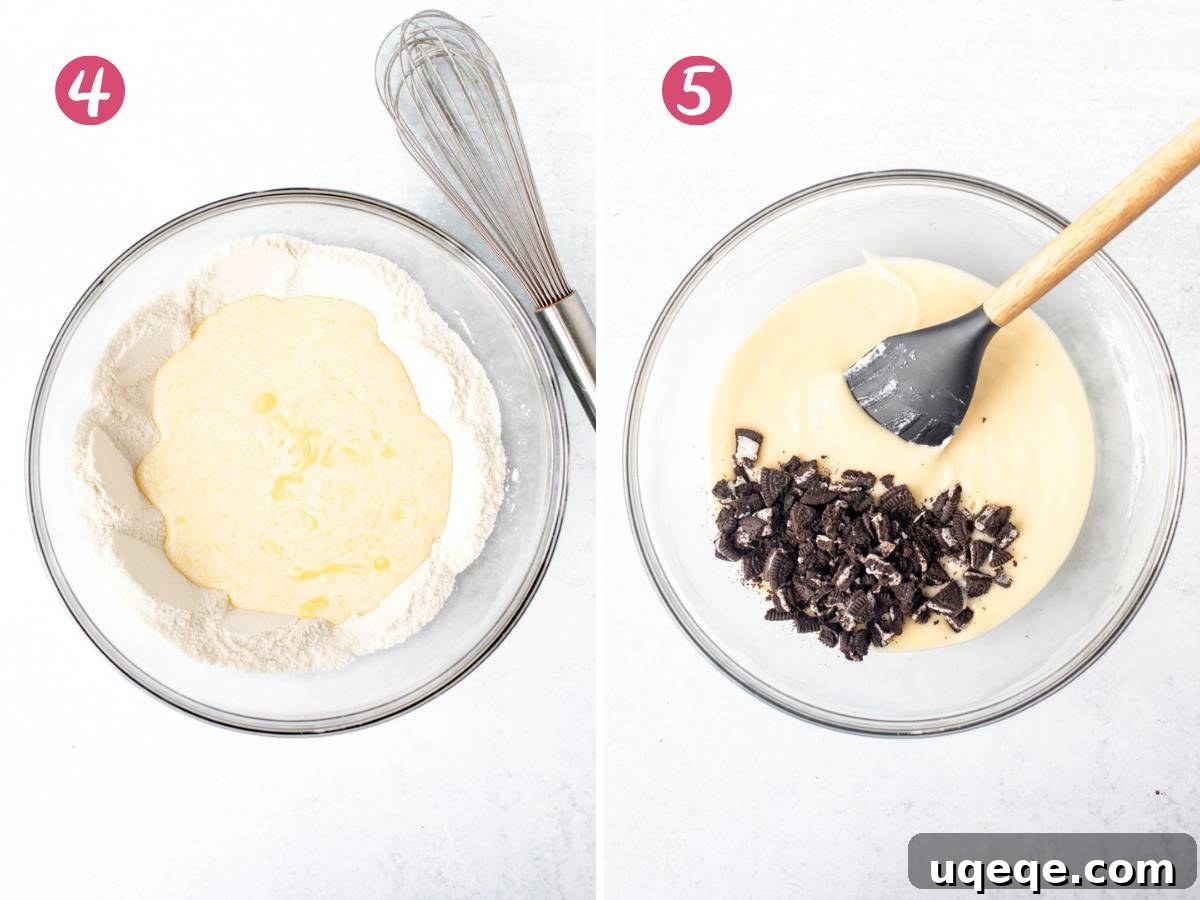 Bowl of wet ingredients poured into dry ingredients, and bowl of cupcake batter with chopped Oreos