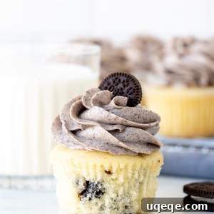 Oreo cupcake with Oreo frosting with a glass of milk
