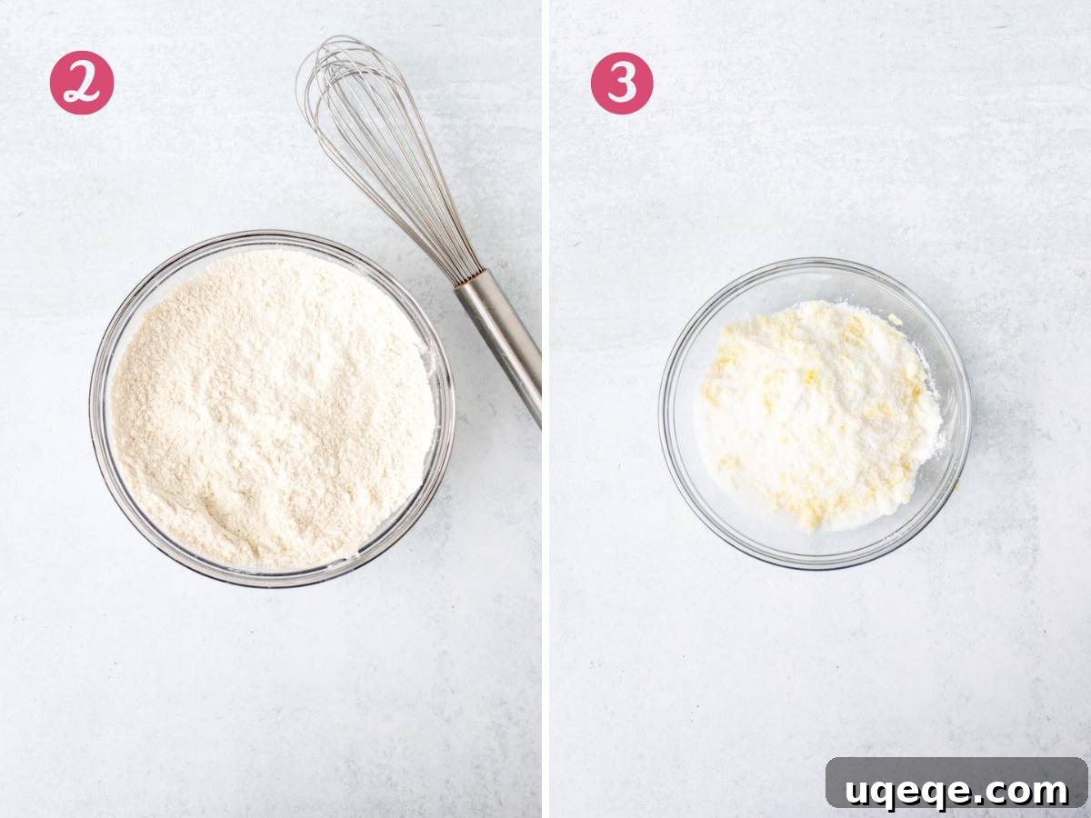 Zesty Lemon Delights 4 Two bowls side-by-side: one with whisked dry ingredients (flour, cornstarch, baking soda, salt) and another with granulated sugar and bright yellow lemon zest being pinched together.