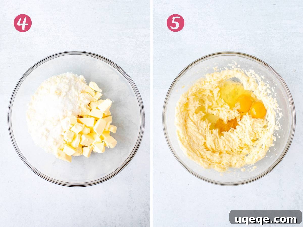 Zesty Lemon Delights 5 Two bowls: one with cubed softened butter and sugar, the other showing the butter and sugar mixture after creaming, with egg and egg yolk added and ready for mixing.