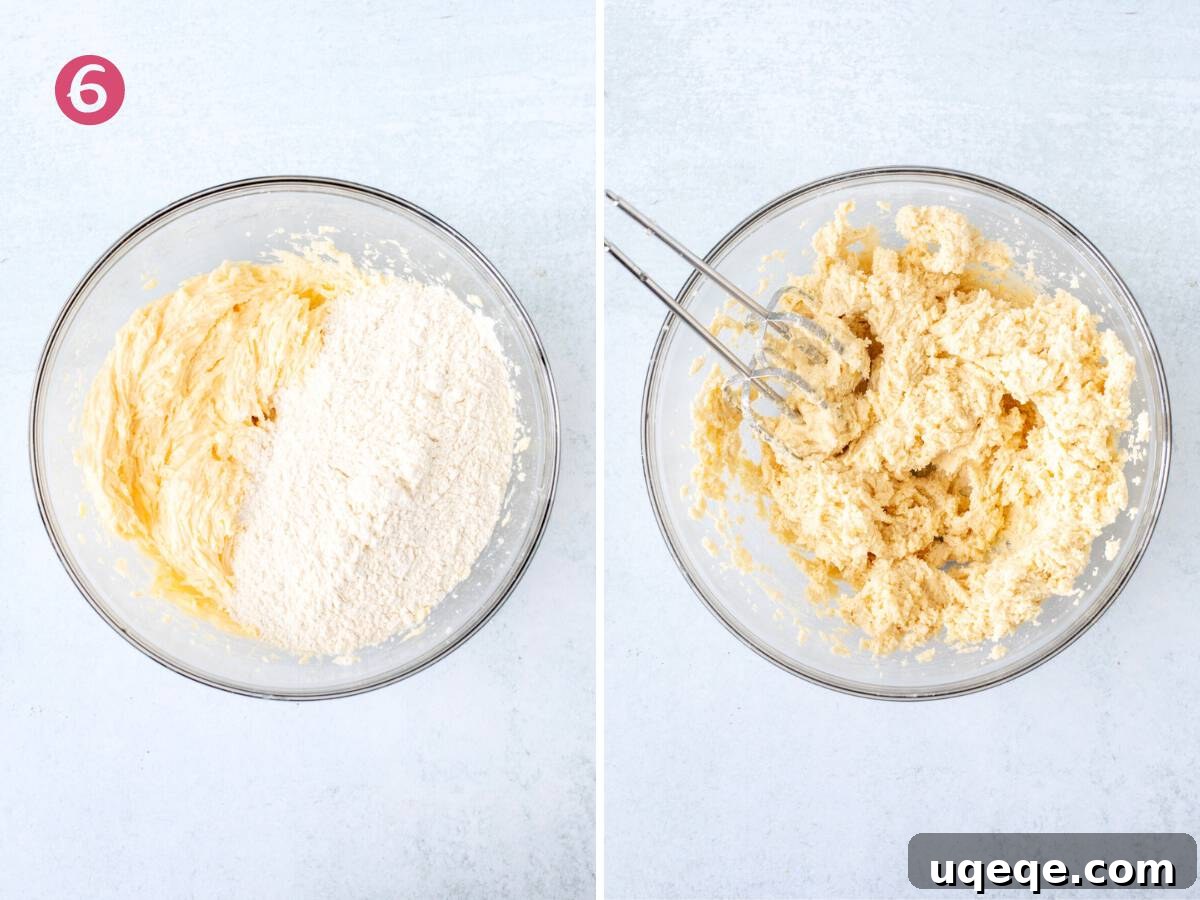 Zesty Lemon Delights 6 Two bowls: one shows dry ingredients being added to the wet butter and egg mixture, and the second displays the perfectly formed lemon sugar cookie dough after mixing.