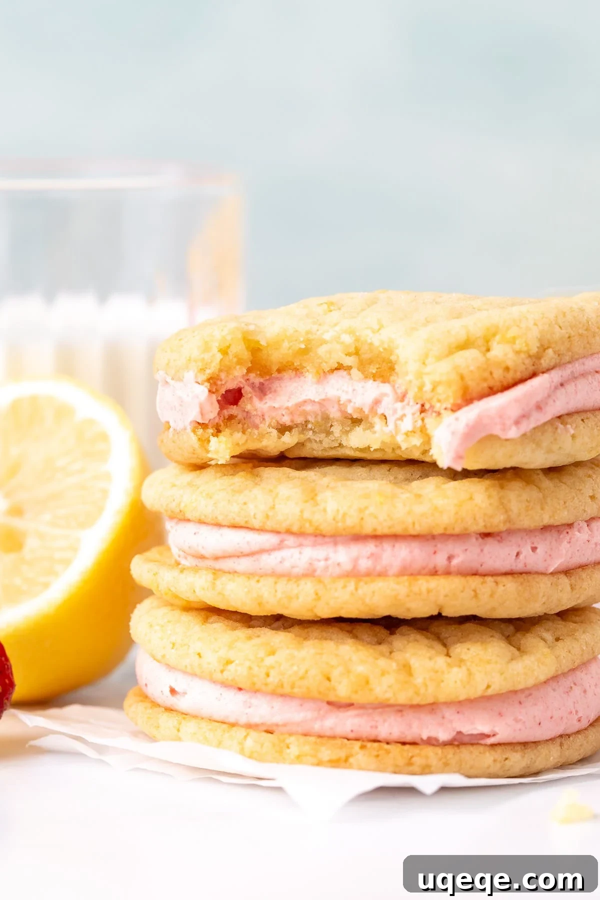 Three lemon sandwich cookies with pink strawberry frosting, one with a bite taken out, stacked on a plate
