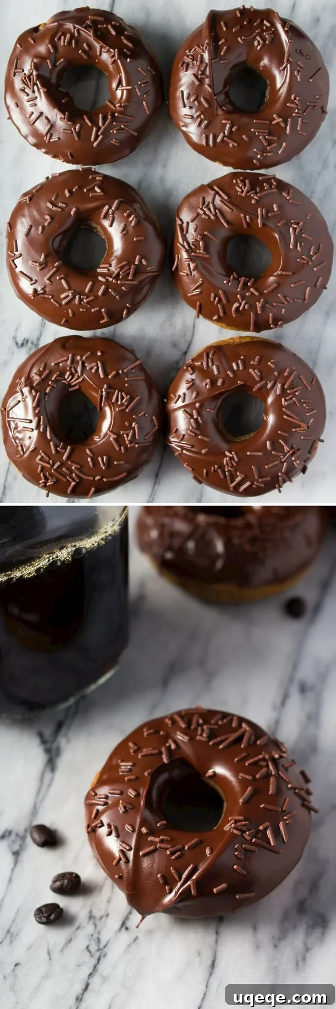 Coffee-Kissed Baked Doughnuts 3 Close-up of a soft, cake-like mocha doughnut batter in a piping bag