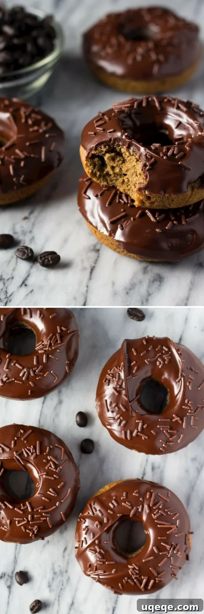 Coffee-Kissed Baked Doughnuts 4 Baked mocha doughnuts cooling on a wire rack, ready for glazing