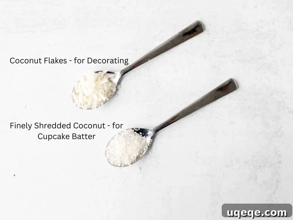 Tropical Cloud Cupcakes 3 Spoonful of coconut flakes, and spoonful of finely shredded coconut.