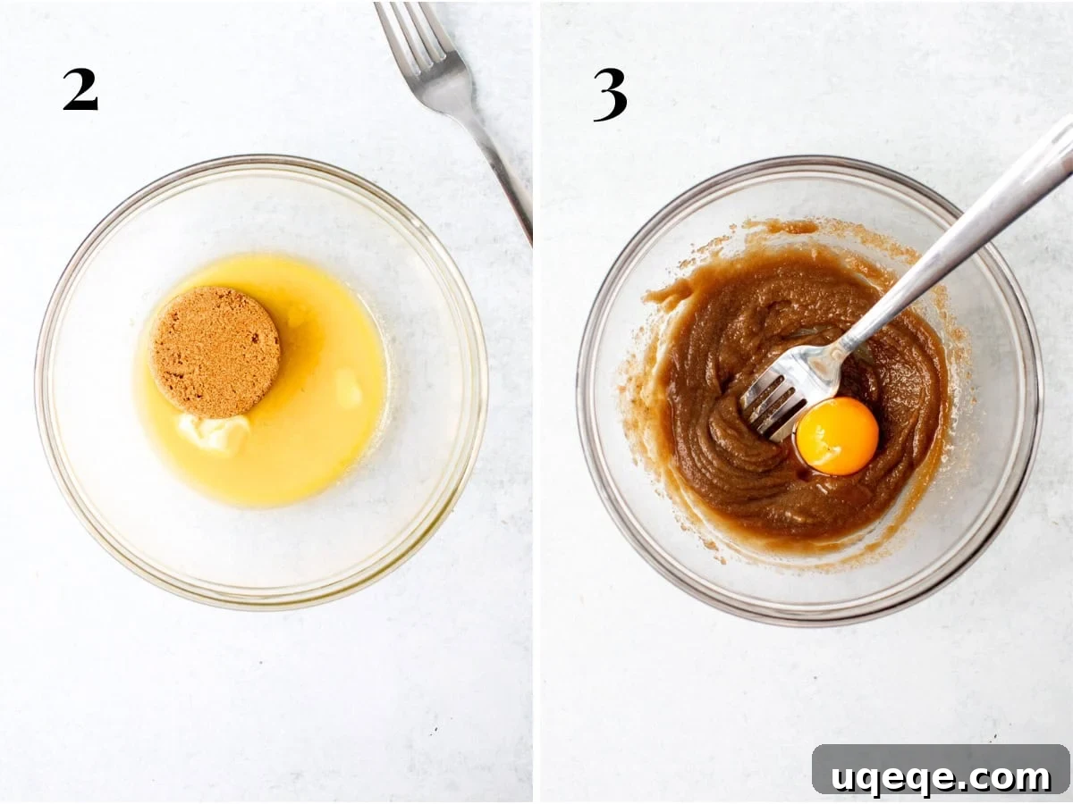 Solo Chocolate Delight 4 A bowl containing melted butter and brown sugar, alongside another bowl with the mixture expertly whisked together with egg yolk and vanilla extract, showcasing a smooth, creamy texture ready for dry ingredients.