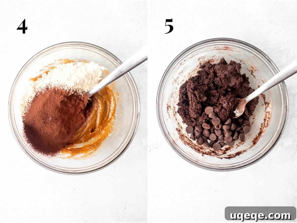 Solo Chocolate Delight 5 A bowl of single serving cookie dough with dry ingredients freshly added and partially mixed, juxtaposed with another bowl showcasing the fully mixed cookie dough with chocolate chips beautifully incorporated.