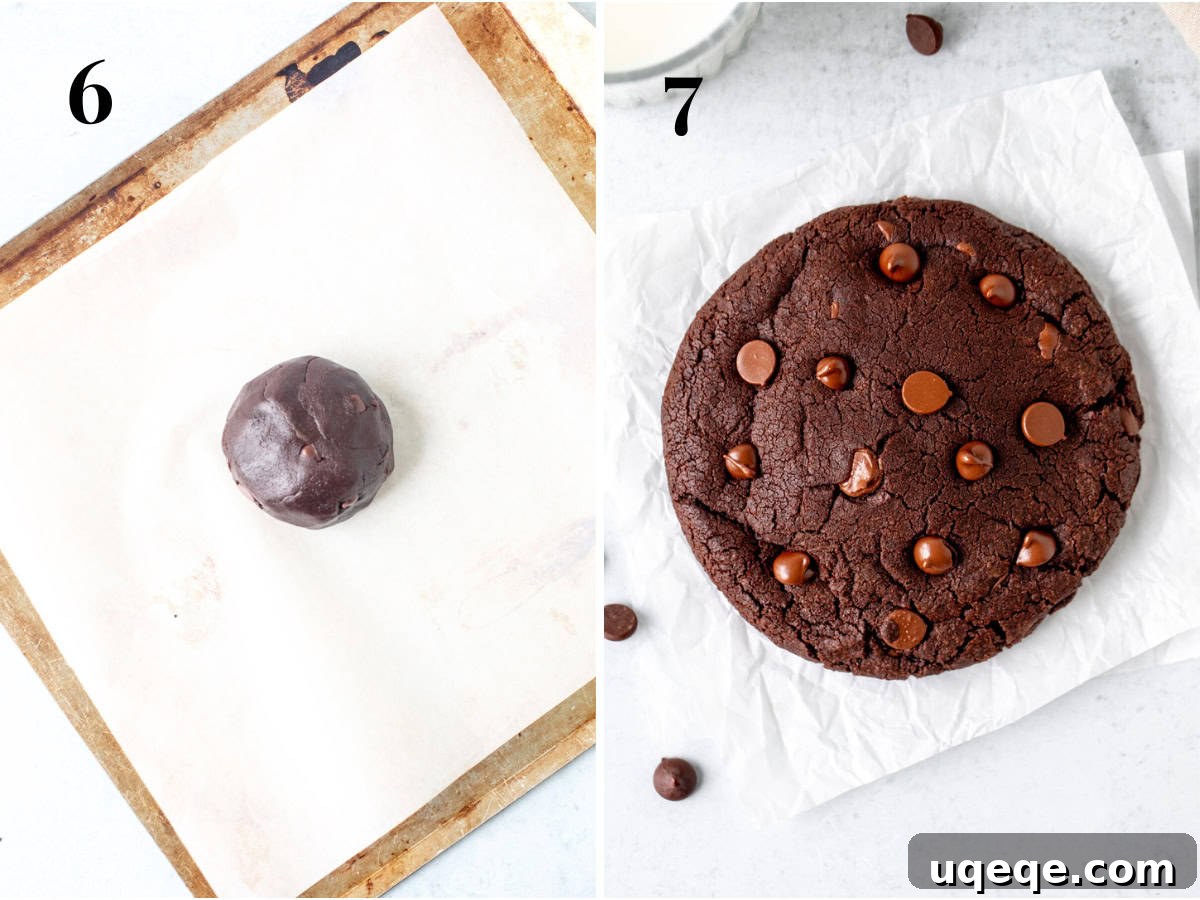 Solo Chocolate Delight 6 A freshly baked giant single serving double chocolate cookie, hot out of the oven, with extra chocolate chips pressed into its surface, melting beautifully.