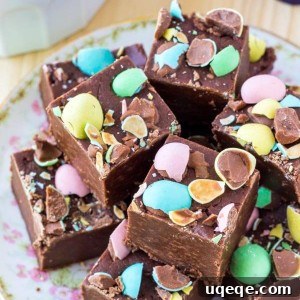 Creamy chocolate fudge topped with mini eggs, perfect for Easter.