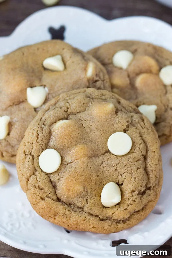 Peanut Butter White Chocolate Chip Delights 3 Plate of 3 peanut butter white chocolate chip cookies.