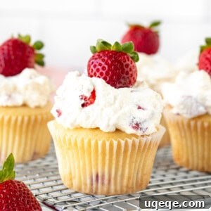 Strawberries and cream cupcakes topped with a strawberry on a cooling rack