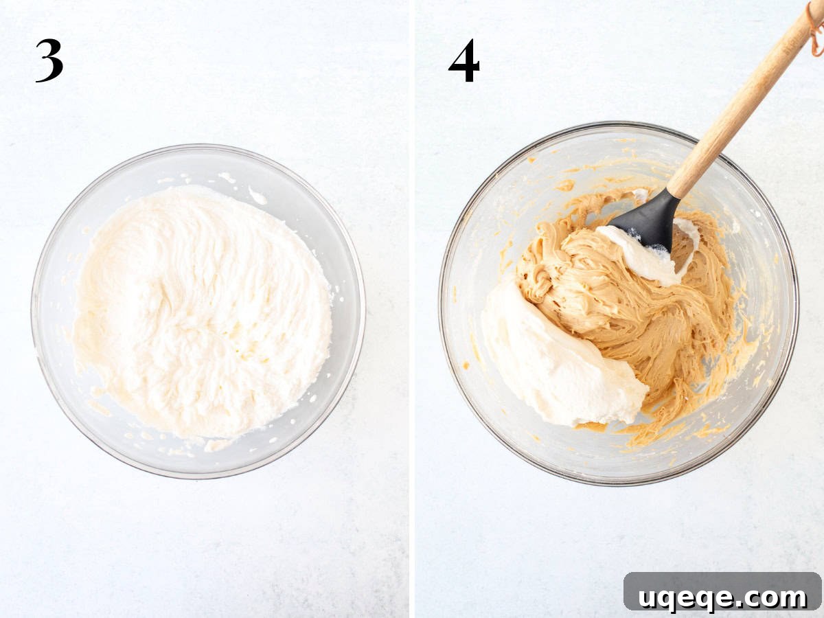 Decadent Snickers Pie 6 Two bowls side-by-side: one containing freshly whipped cream with stiff peaks, and the other showing the peanut butter caramel mixture with the whipped cream gently folded in, creating a light and airy filling.