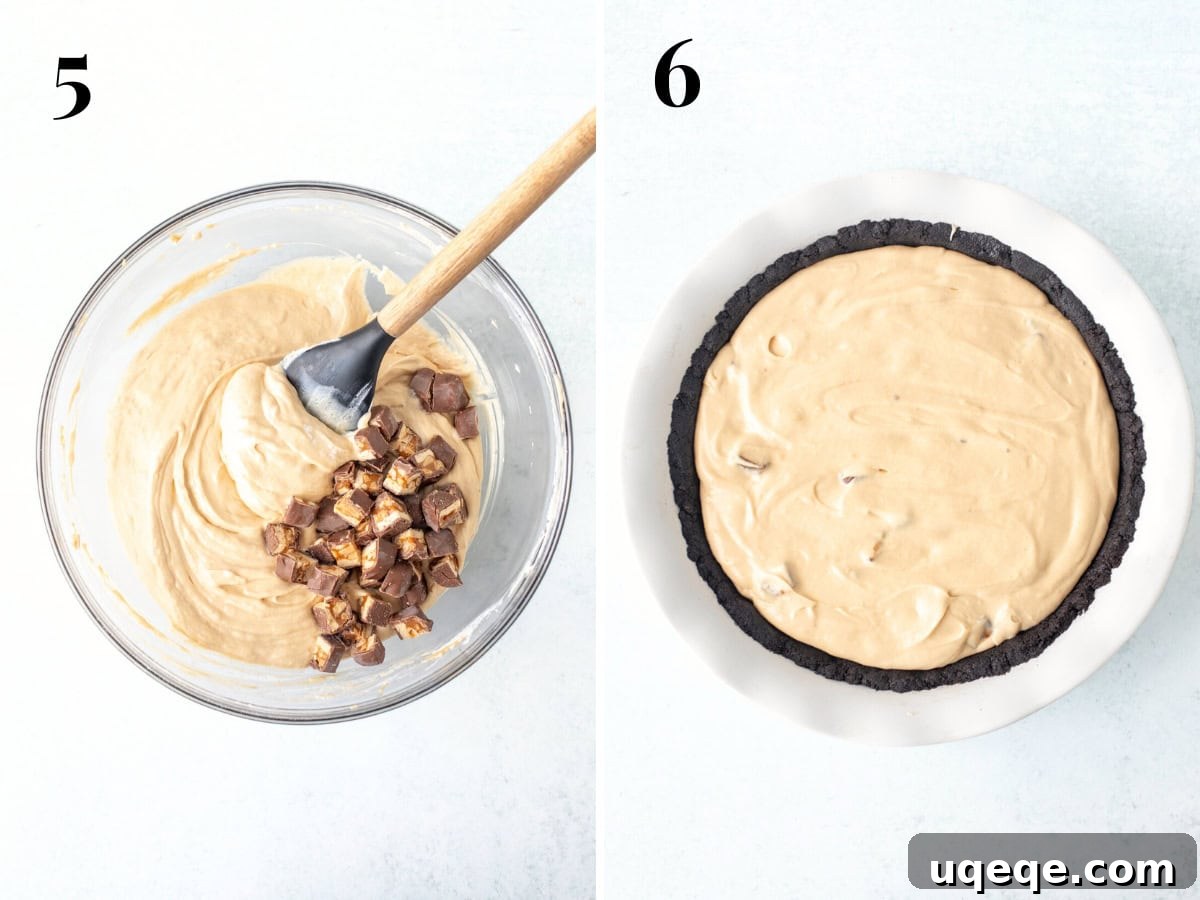 Decadent Snickers Pie 7 A bowl of creamy Snickers pie filling with chopped Snickers bars mixed in, next to a fully assembled Snickers pie in an Oreo crust, ready for chilling.