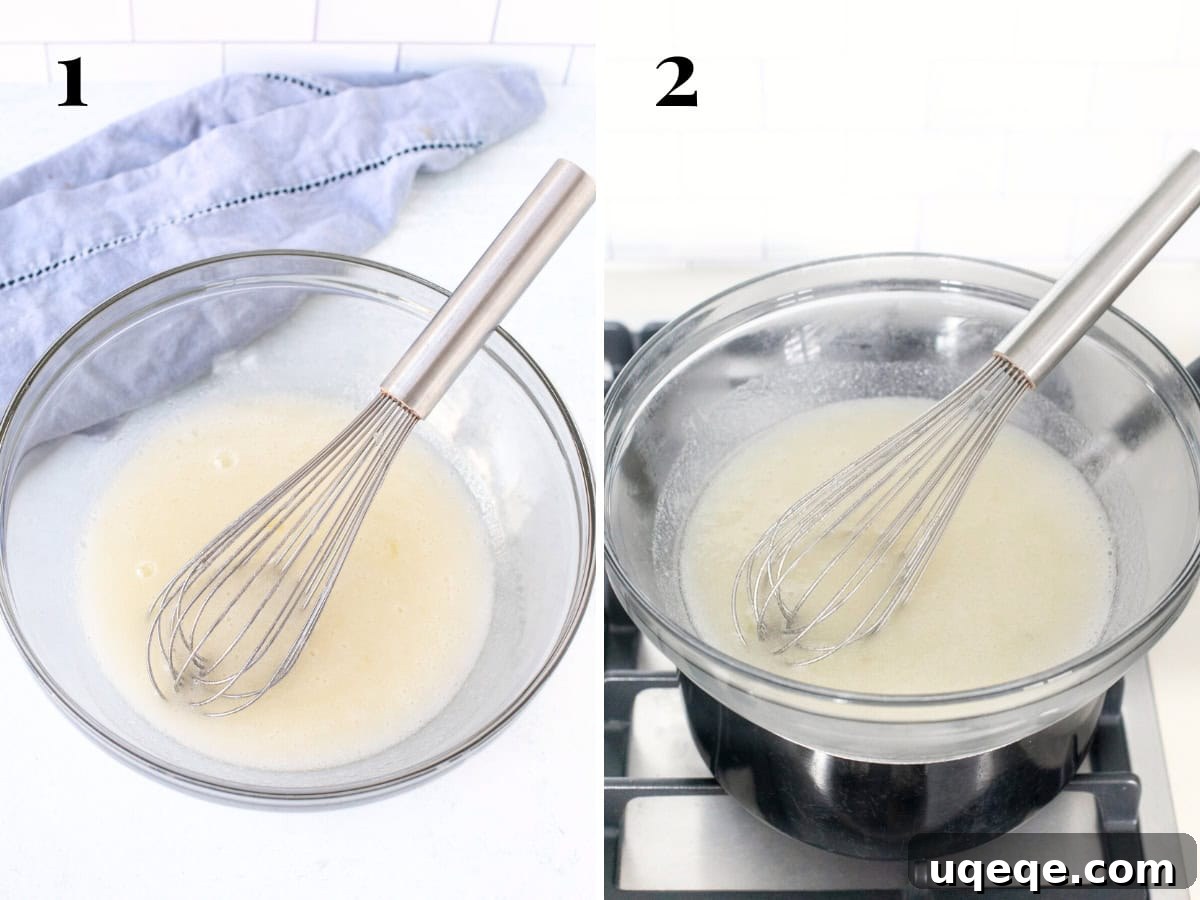 Silky Swiss Buttercream 3 Bowl of egg whites and sugar whisked together before and after heating over a double boiler