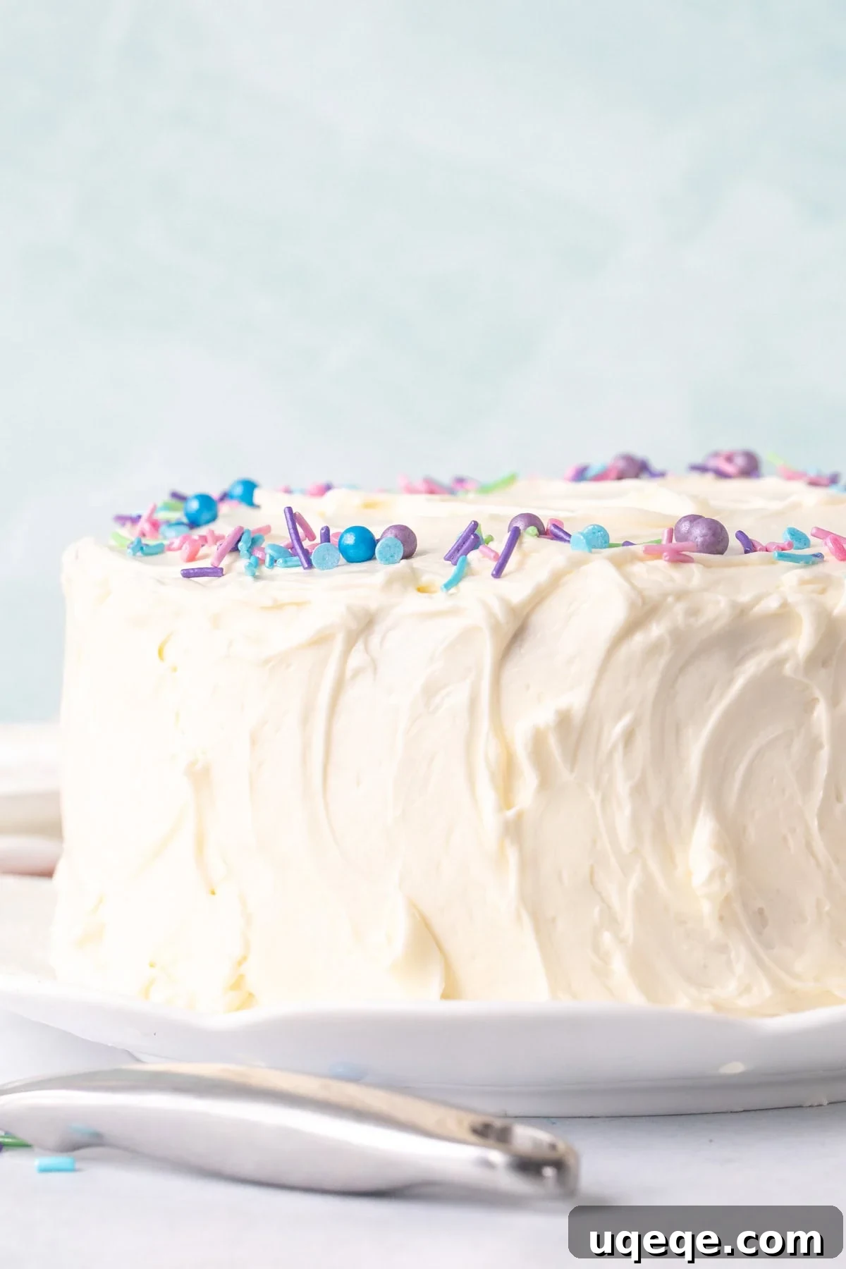 Silky Swiss Buttercream 8 8-inch layer cake frosted with elegant Swiss meringue buttercream frosting