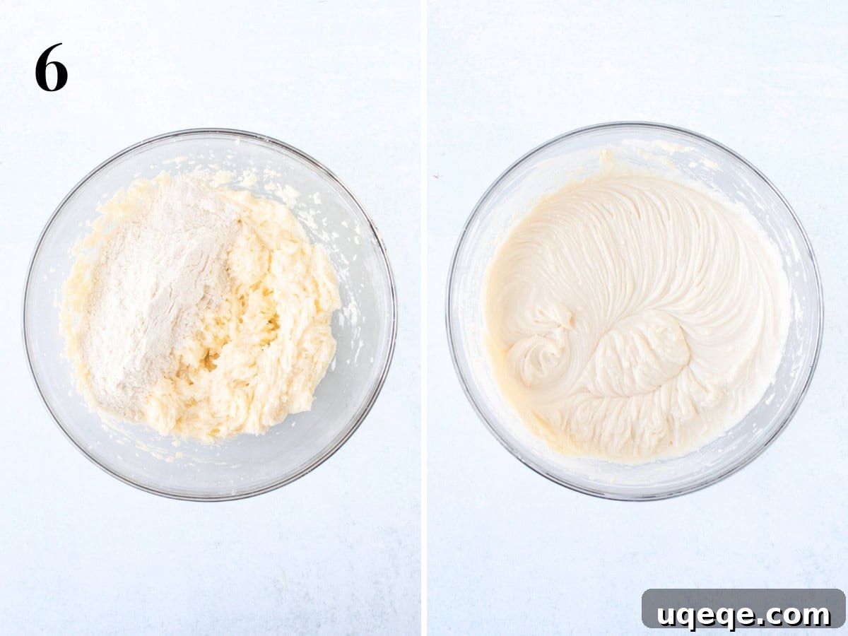 Velvet Berry Bliss Cake 7 Left: A bowl with the butter mixture, showing dry ingredients partially added. Right: The fully mixed, smooth, and uniform cake batter, ready for baking.