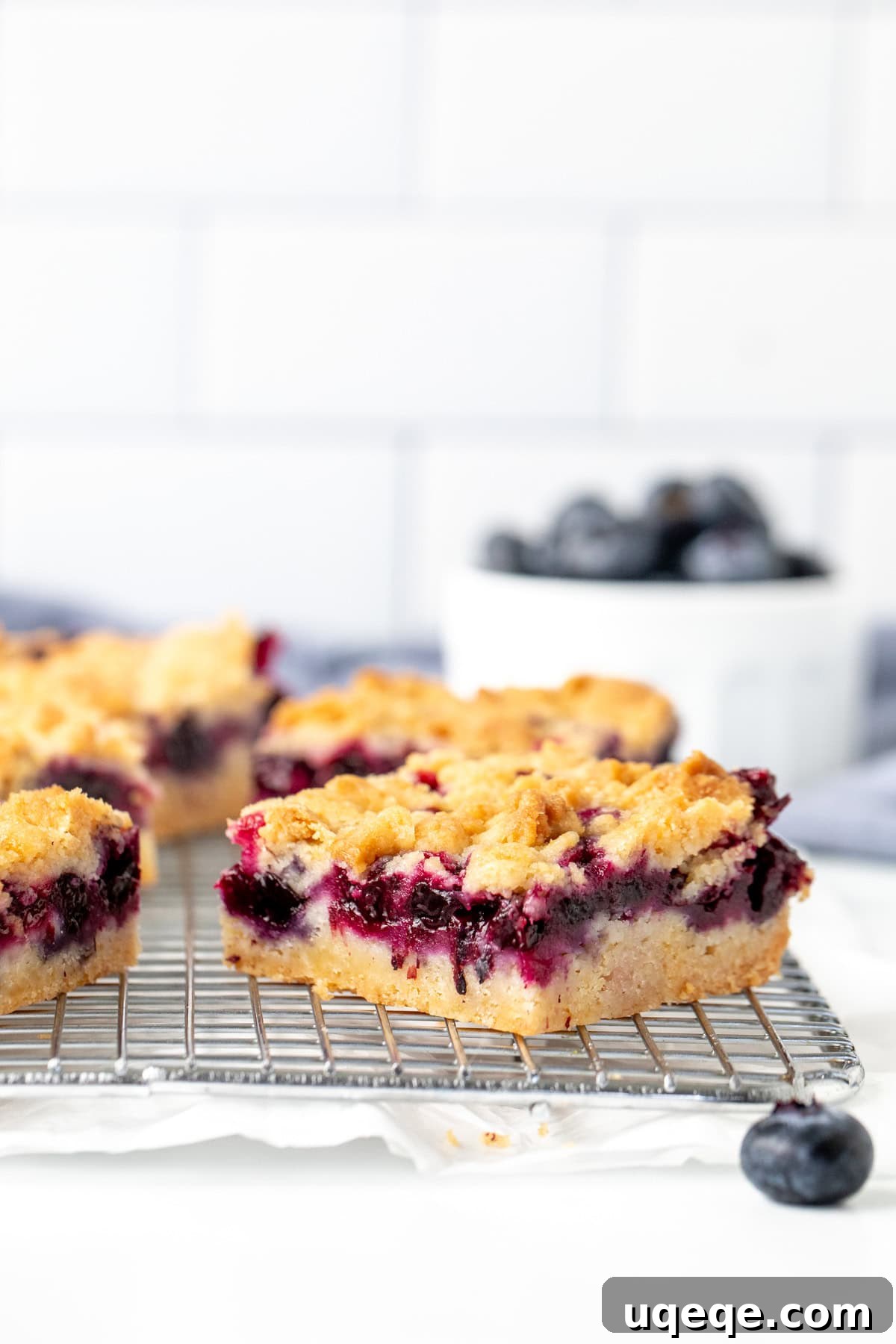 Golden Blueberry Streusel Bars 4 Blueberry crumble bars cooling on a wire rack next to a bowl of fresh blueberries