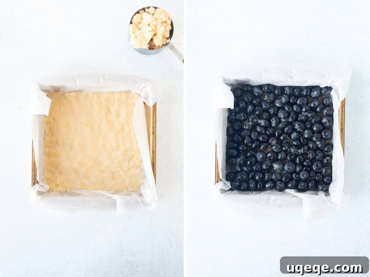 Golden Blueberry Streusel Bars 6 Two images: one showing shortbread base pressed into a pan, the other showing blueberry filling spooned on top