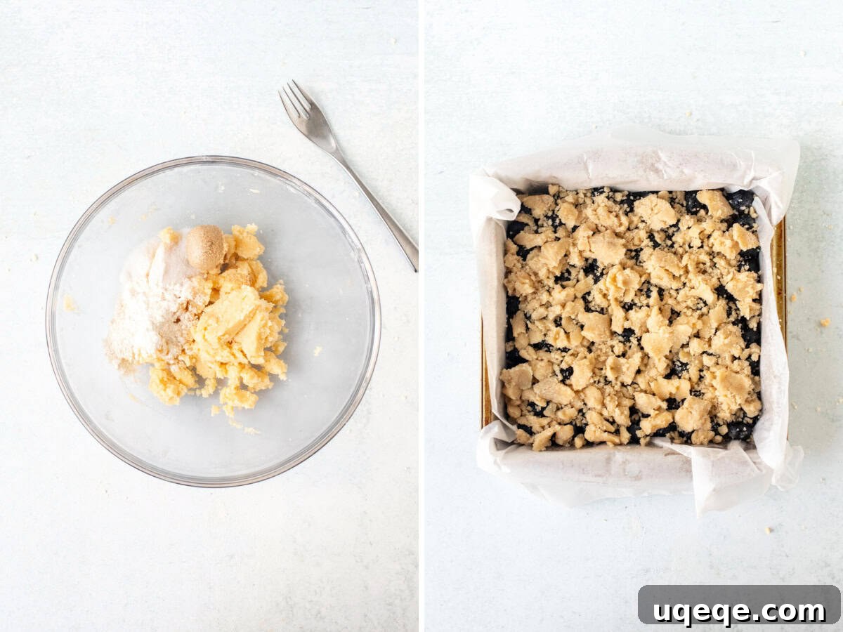 Golden Blueberry Streusel Bars 7 Two images: one showing a bowl of crumble topping, the other showing unbaked blueberry crumb bars with crumble on top
