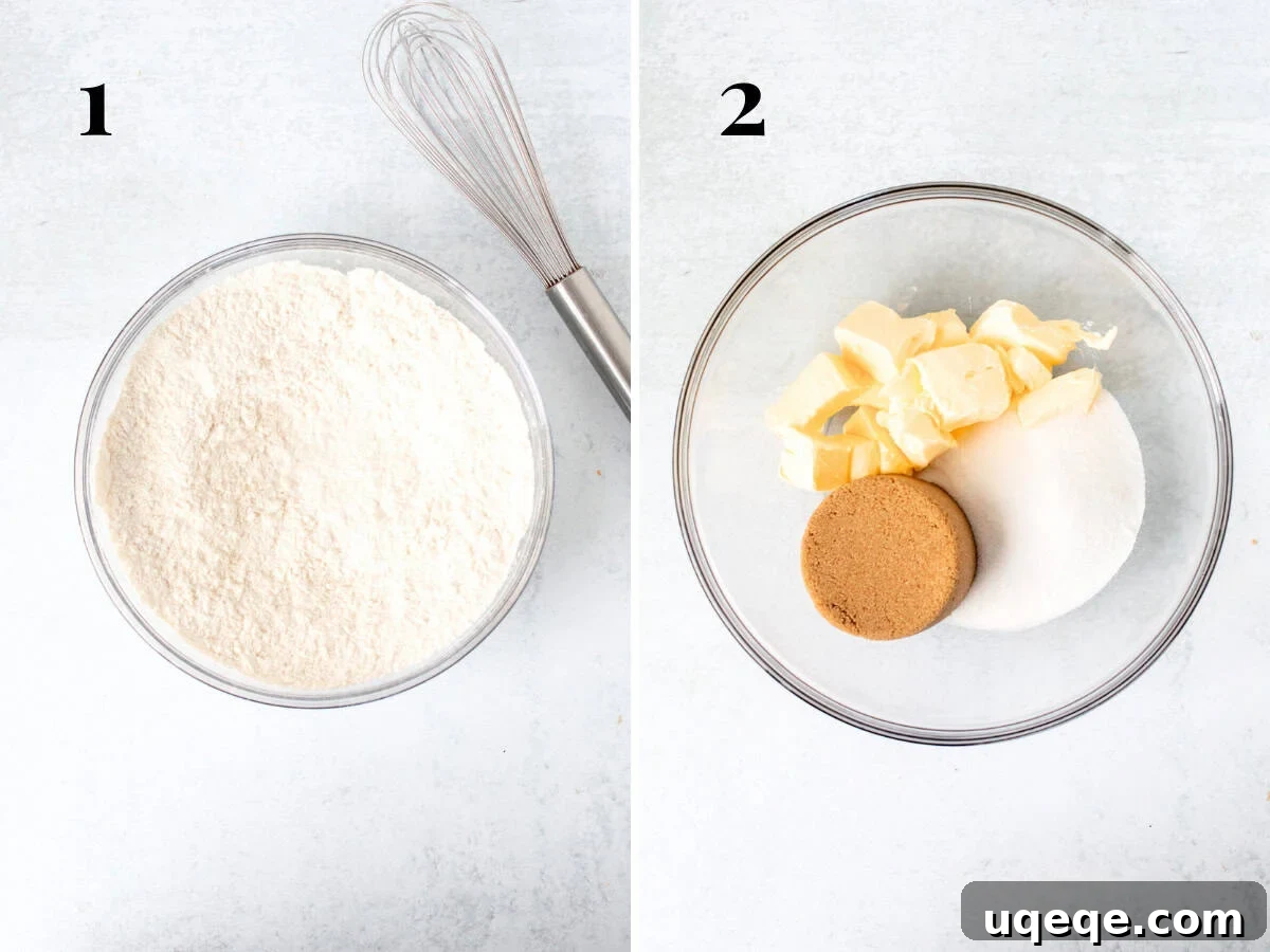 Chewy Chocolate Chip Cookies 4 Two bowls side-by-side: one containing the sifted dry ingredients (flours, leaveners, salt) and the other holding the creamy mixture of softened butter, brown sugar, and granulated sugar.