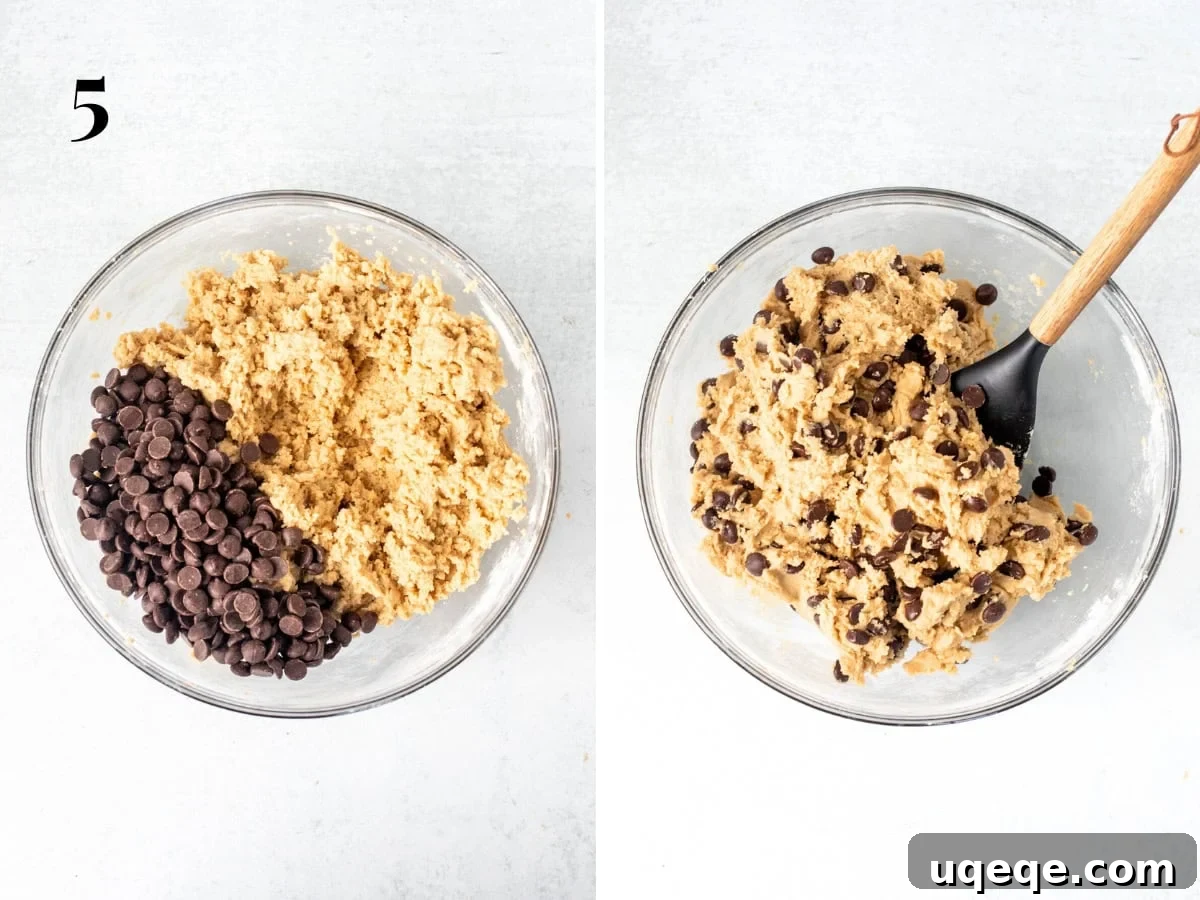 Chewy Chocolate Chip Cookies 6 A two-part image displaying cookie dough: first, chocolate chips freshly added to the thick dough in a bowl; second, the chocolate chips fully incorporated into the dough, ready for chilling.
