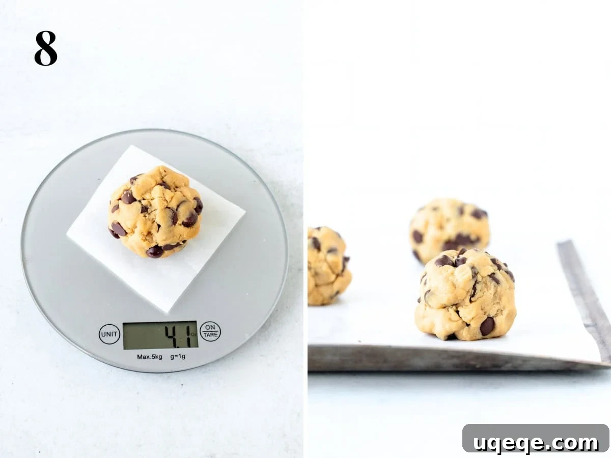 Chewy Chocolate Chip Cookies 7 A two-part image: first, a large ball of cookie dough being weighed on a digital kitchen scale; second, several uniformly sized cookie dough balls neatly arranged on a parchment-lined baking sheet, spaced adequately for baking.