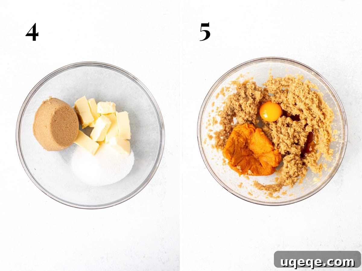 Spiced Pumpkin Oat Creamwiches 5 Bowl showing creamed butter and sugars, and another bowl with pumpkin puree and egg yolk added, ready to be mixed.
