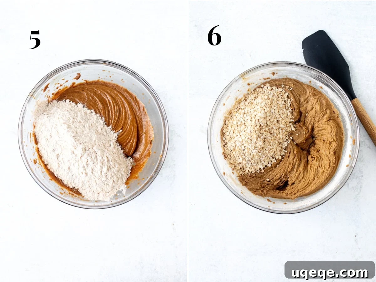 Spiced Gingerbread Oat Cream Dreams 5 Two bowls: one showing dry ingredients being added to the wet mixture, and the other displaying the finished gingerbread oatmeal cookie dough with oats folded in.