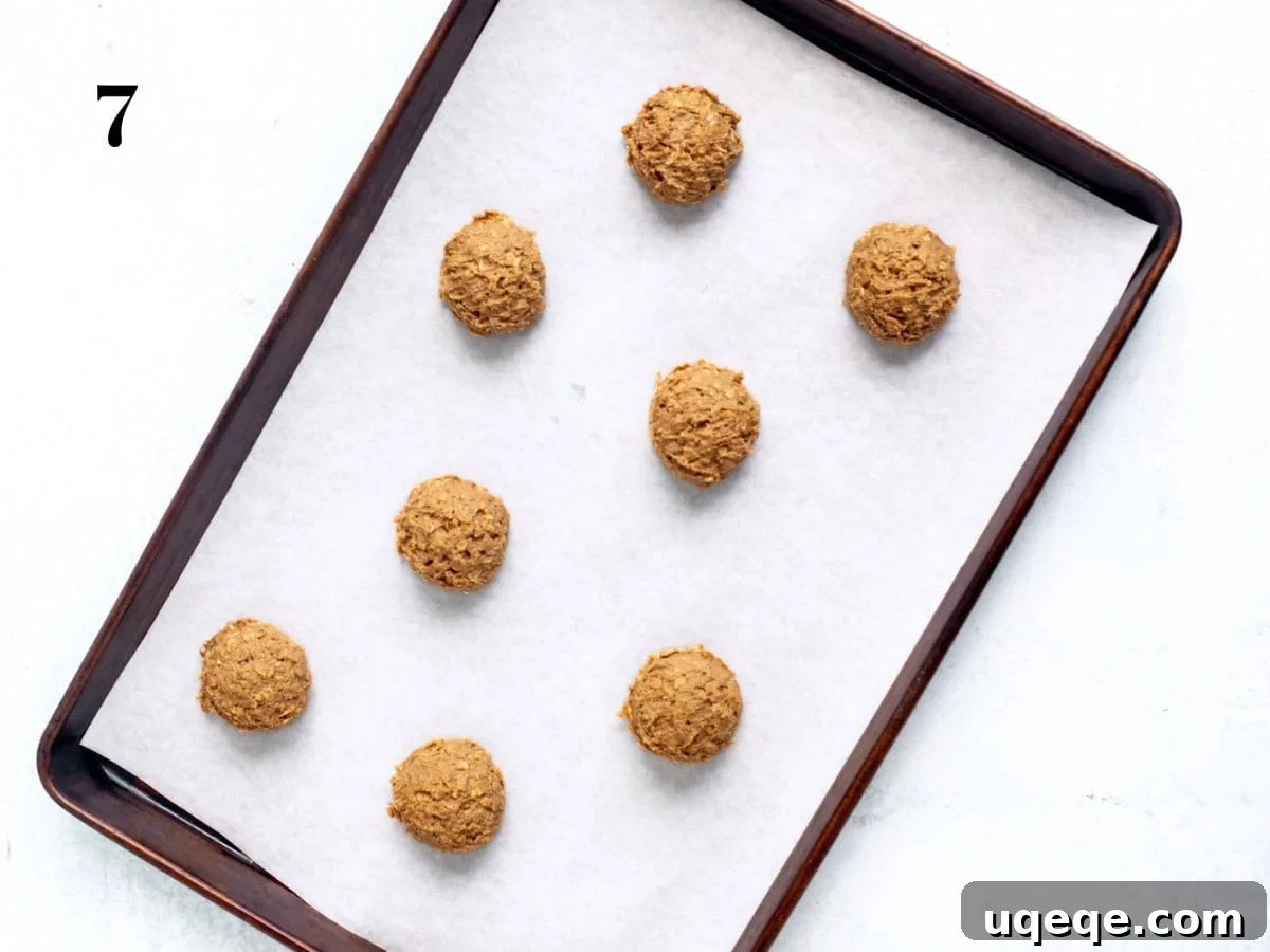 Spiced Gingerbread Oat Cream Dreams 6 Scooped gingerbread oatmeal cookie dough balls arranged on a parchment-lined baking sheet, spaced for even baking.